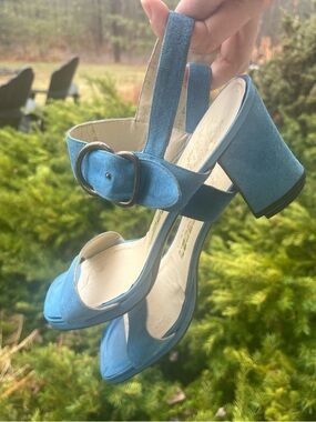 Mayfair Vintage Blue Suede Block Heel Sandals with Buckle Size 8.5